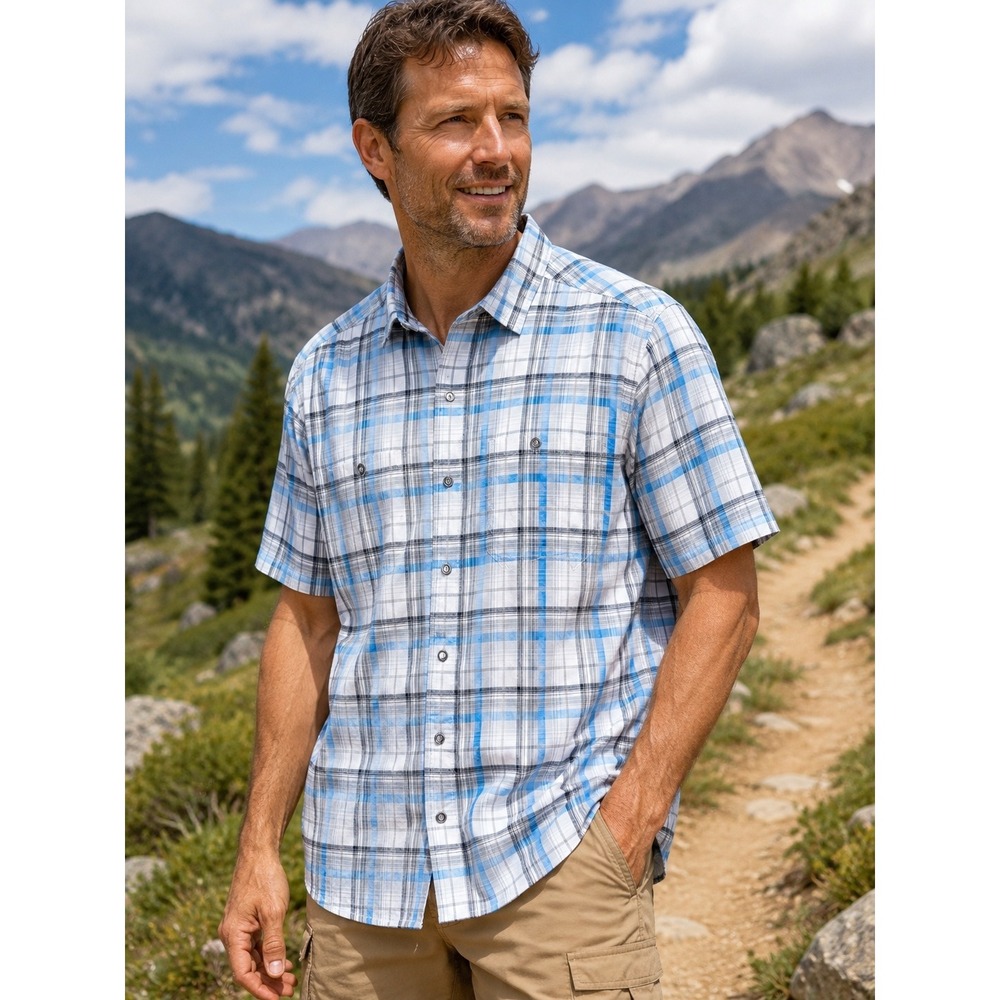 Kuhl Mens Blue Plaid Short Sleeve Button Down Hiking Shirt Large RN 108846